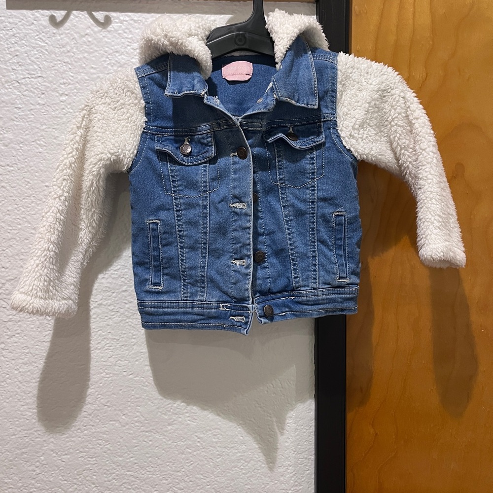 Girls Sherpa Denim Jacket - Blue & white